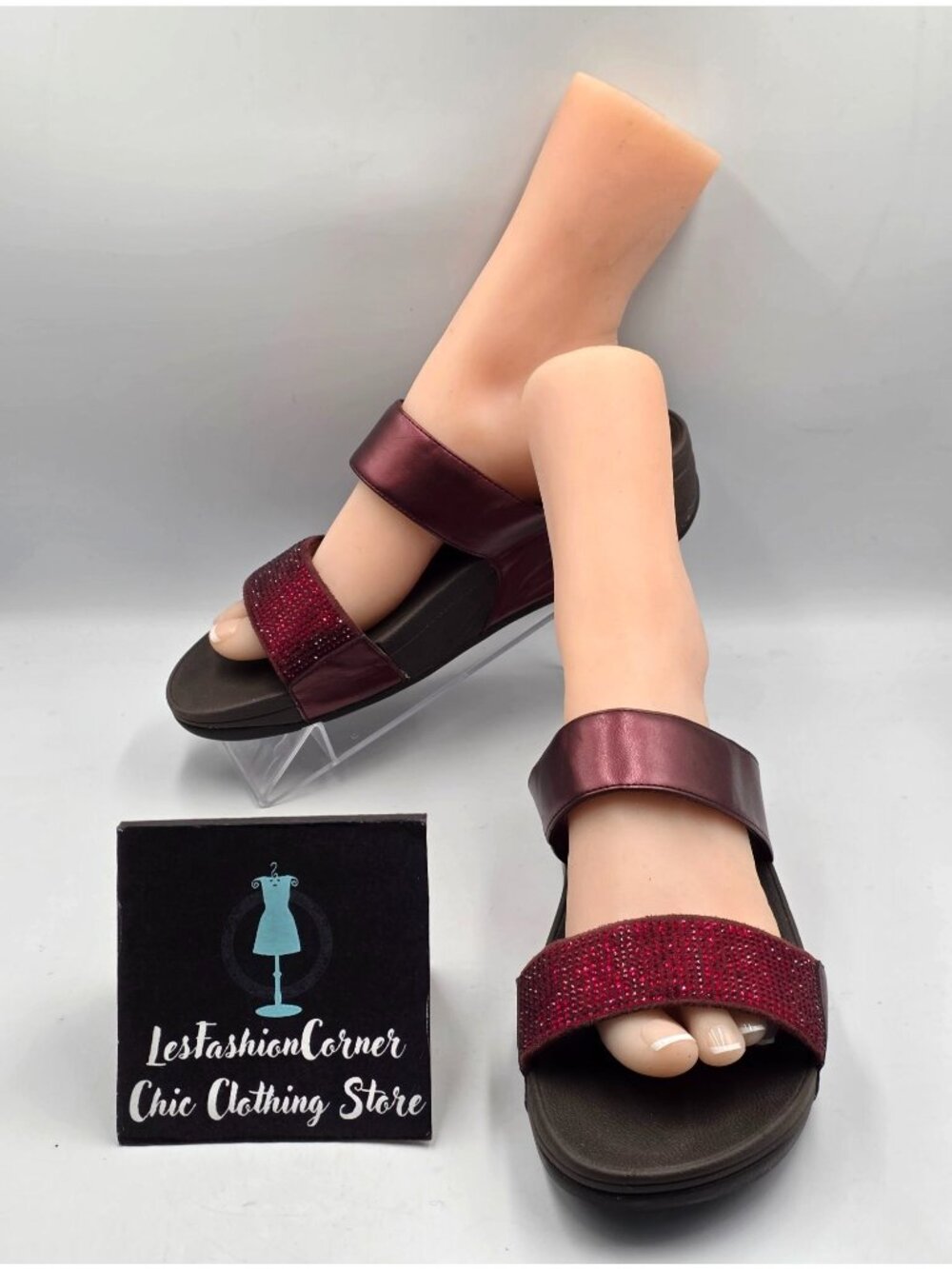 Fitflop Women's Oxblood Red Leather Lulu Crystal-Embellished Sandals Sz 9 3973